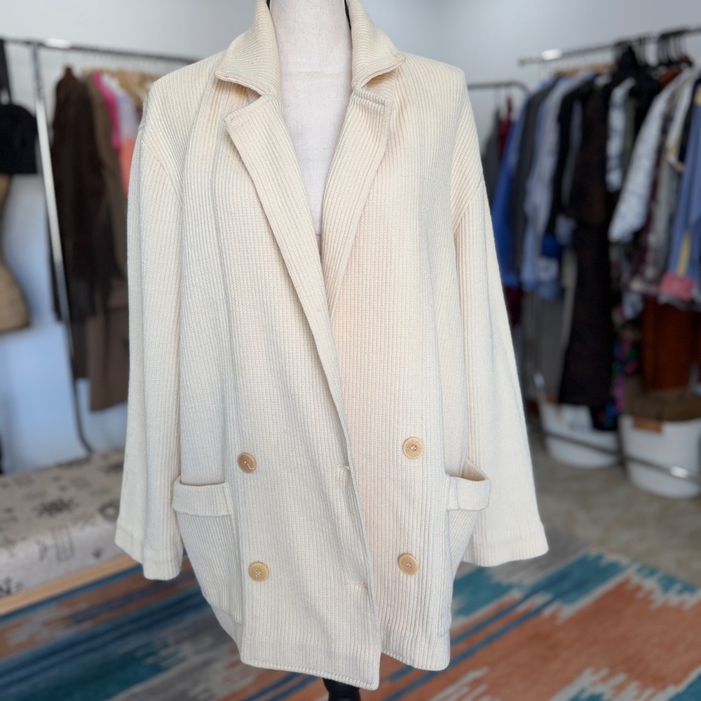 Vintage Navy Sweater Heavy Knit Wool Cream Double Breasted L/XL